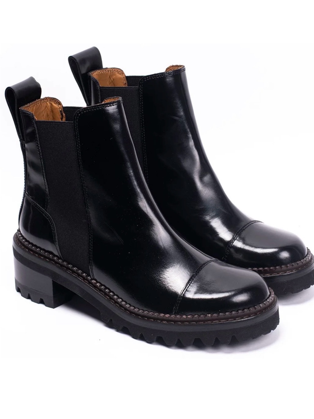 See By Chlo Mallory Glossed Leather Chelsea Ankle Boots Black 38.5